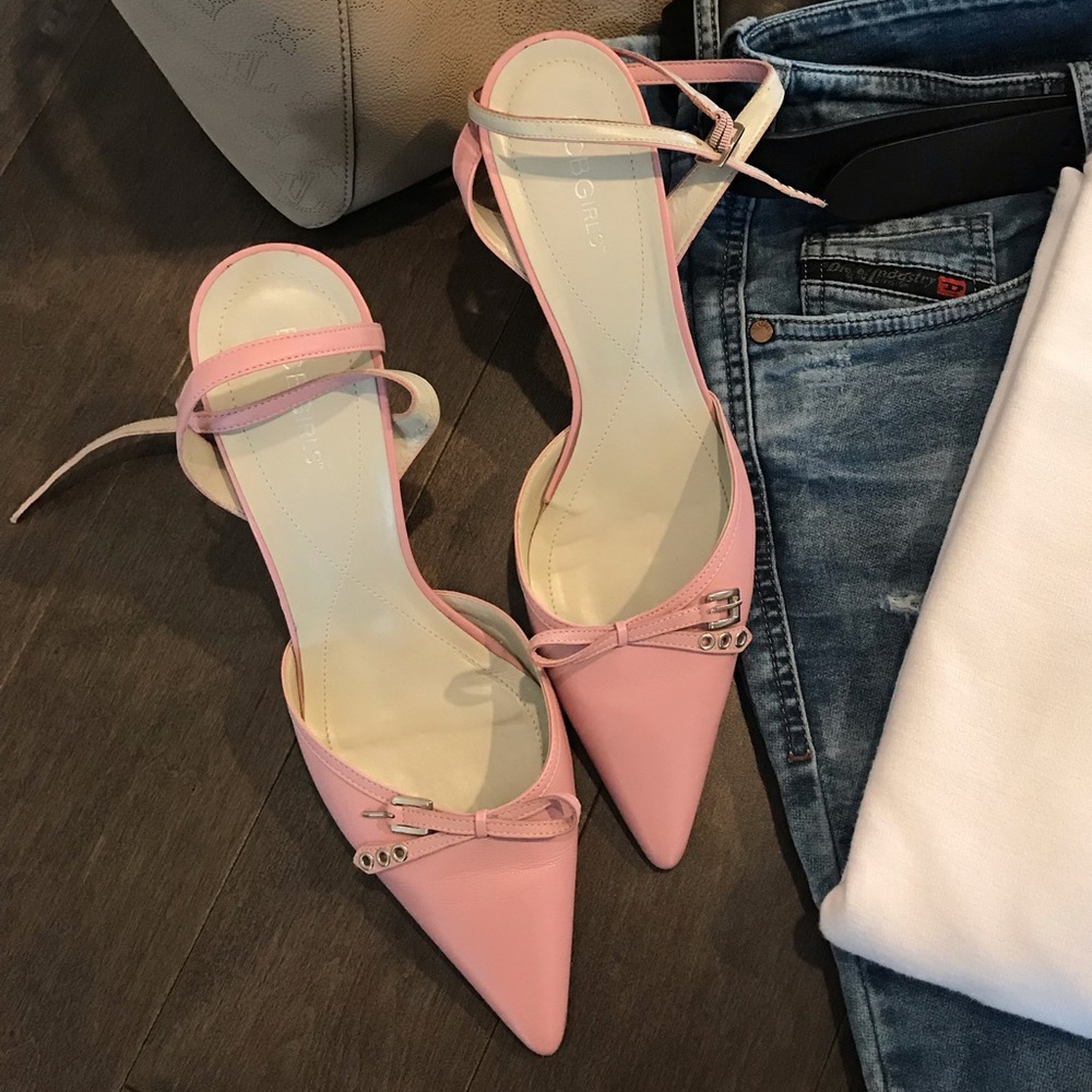 BCBG pink leather ankle wrap heels